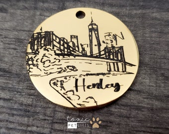 New York City Bridge aangepaste gegraveerde metalen Pet Tag | Vrijheidsbeeld Pet Tag | Hondentag | Kattentag | Stadsbomen Tag | Gepersonaliseerde hondentag