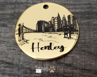 New York City Bridge aangepaste gegraveerde metalen huisdier tag | Vrijheidsbeeld Huisdier Tag | Dogtag | Kattentag | Gepersonaliseerde hondenpenning