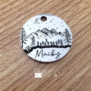 Custom Engraved Metal Pet Tag | Rustic Mountain Stars Pet Tag | Dog Tag | Cat Tag | Mountain Trees Tag | Personalized Dog Tag