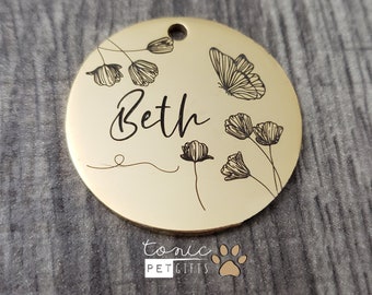 Médaille pour animal de compagnie en métal gravée personnalisée | Médaille florale pour animal de compagnie | Médaille pour chien | Médaillon fleur pour chat | Médaille pour chat mignon | Médaillon papillon | Médaille pour chien personnalisée