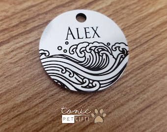 Custom Engraved Metal Pet Tag | Ocean Water Wave Pet Tag | Dog Tag | Cat Tag | Personalized Dog Tag  | Pet ID Tag