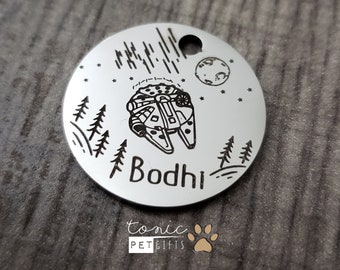 Space Ship Engraved Metal Pet Tag | Pop Culture Pet Tag | Dog Tag | Space Wars Cat Tag | Cute Cat Tag | Planet Tag | Personalized Dog Tag