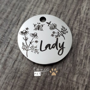 Custom Engraved Metal Pet Tag | Lady Bug Pet Tag | Dog Tag | Sunflower Cat Tag | Cute Cat Tag | Outdoor Floral Tag | Personalized Dog Tag