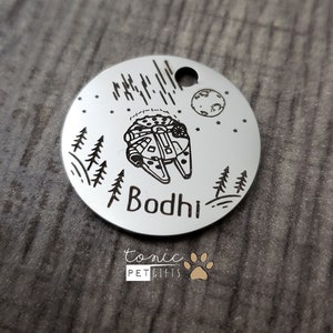 Space Ship Engraved Metal Pet Tag | Pop Culture Pet Tag | Dog Tag | Space Wars Cat Tag | Cute Cat Tag | Planet Tag | Personalized Dog Tag