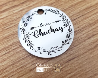 Custom Floral Engraved Metal Pet Tag | Love Arrow Pet Tag | Dog Tag | Cat Tag | Personalized Dog Tag | Pet ID Tag