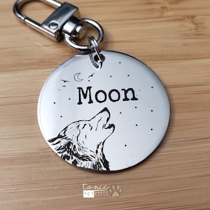 Moon Wolf Engraved Metal Pet Tag | Howling Pet Tag | Dog Tag | Outdoor Cat Tag | Mountain Cat Tag | Personalized Dog Tag