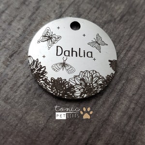 Custom Engraved Metal Pet Tag | Floral Pet Tag | Dog Tag | Sunflower Cat Tag | Cute Cat Tag | Outdoor Tag | Personalized Dog Tag
