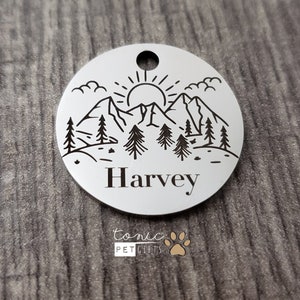 Personalized Engraved Metal Pet Tag | Sun Mountain Outdoors Pet Tag | Dog Tag | Cat Tag | Mountain Trees Tag | Personalized Dog Tag