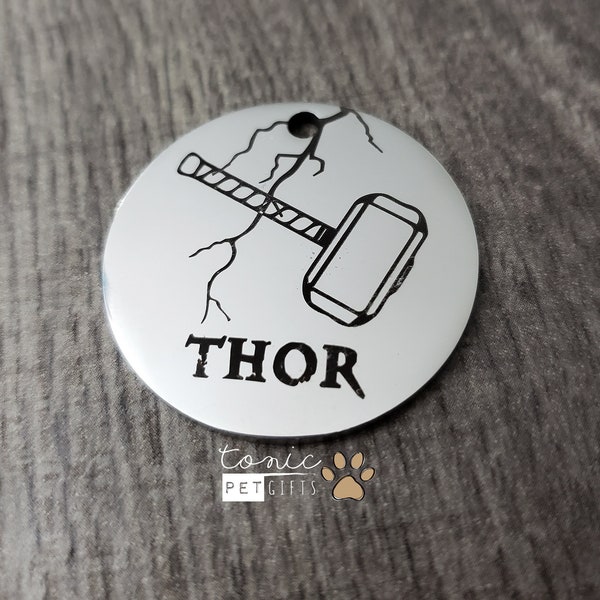 Nordic Thor Custom Engraved Metal Pet Tag | Mythology Hero Tag | Thor Hammer Pet Tag | Cat Tag | God of Thunder Personalized Pet Tag