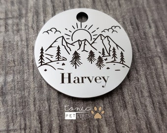 Personalized Engraved Metal Pet Tag | Sun Mountain Outdoors Pet Tag | Dog Tag | Cat Tag | Mountain Trees Tag | Personalized Dog Tag