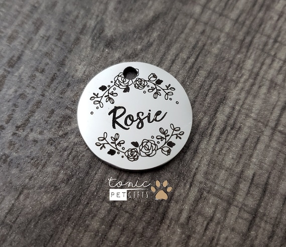 Rose Floral Ring Custom Engraved Metal Pet Tag Ring Pet Tag Dog