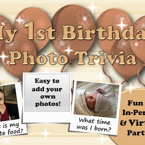 1st Birthday Party Game, Neutral Colors Boho Theme, Virtual First Birthday, Photo Trivia PowerPoint Game, Customizable Template
