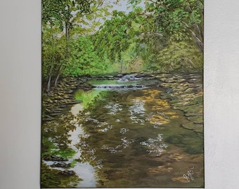 Acrylic painting , Landscape original painting on canvas , scenery  art wall, Nature  , River forest painting , Realistic  painting