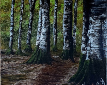 Original Birch Tree Acrylic Painting, Forest Landscape on Canvas (12x12)