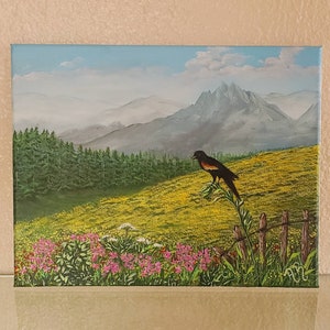 Acrylic painting , landscape original painting , scenery canvas painting , black bird wall art , nature painting , mountain canvas painting