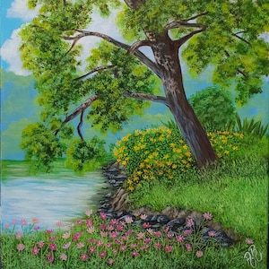 Original Landscape Acrylic Painting, Floral Tree Canvas Art (16x20)