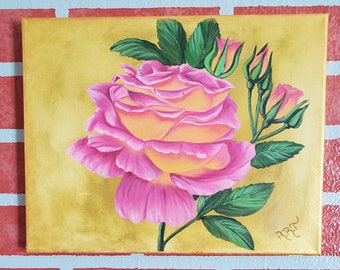 Pink Rose Acrylic Painting, Original Floral Art, 11x14 Canvas