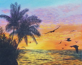 Acrylic sunset painting , Beach original painting , painting on canvas , Seascape art wall , ocean 12 x 12 painting on canvas , palm trees