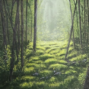 Acrylic painting , Landscape original painting , nature art wall , trees , misty forest , canvas art , scenery painting , gift , sunlight