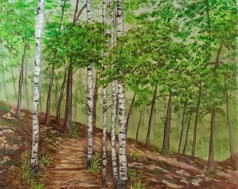 Original Birch Tree Acrylic Landscape Painting on Canvas (11x14)