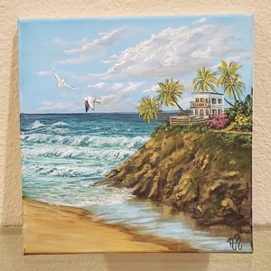 Acrylic painting , beach painting on canvas , landscape original painting , canvas art , tropical wall art ,cliff art wall, palm trees, gift