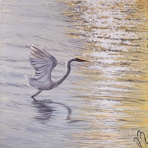 Acrylic painting , canvas art, original scenery painting ,nature ,river , bird art work , heron painting ,  gift , sunset , animal painting