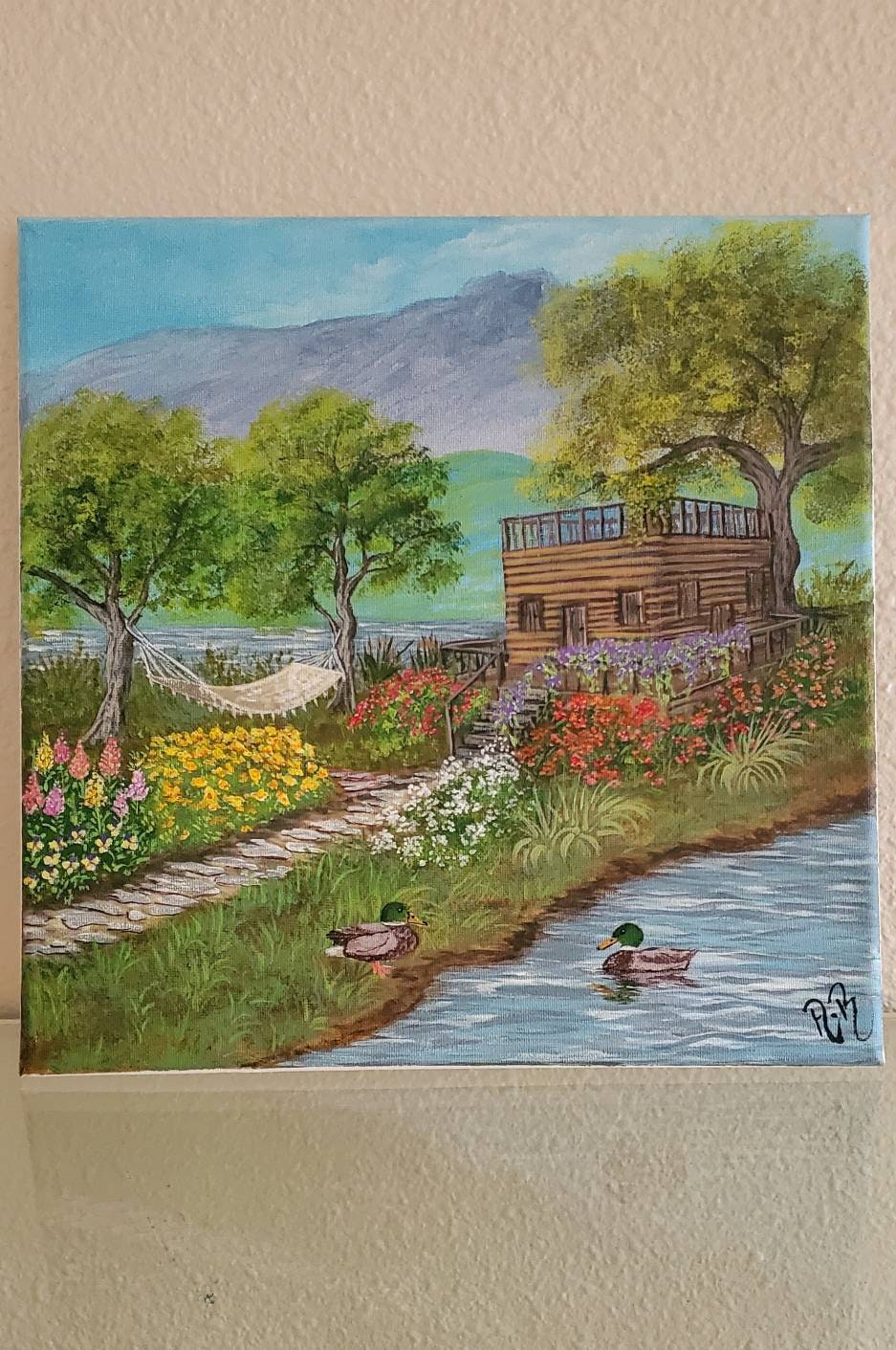 絵画 Iconic Landscape Original Landscape Acrylic Painting, River Garden Scene, 12x12