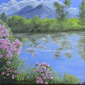 Acrylic painting , Landscape original painting , nature art work , trees , swan , canvas art , scenery painting , gift ,river, lake