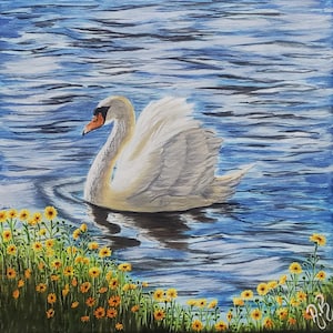 Acrylic painting on canvas , swan painting . water original painting , swan art wall, Nature scenery painting , wall decor , gift ,