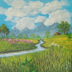 Landscape painting , Acrylic original painting , canvas art, scenery painting ,nature , mountains , art work , clouds , cabin , gift