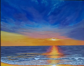 Sunset acrylic painting on canvas , Ocean original painting , waves art wall, Seascape painting on canvas , tropical beach art wall