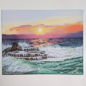 Sunset acrylic painting on canvas , Ocean original painting , waves art wall, Seascape painting on canvas , tropical beach art wall