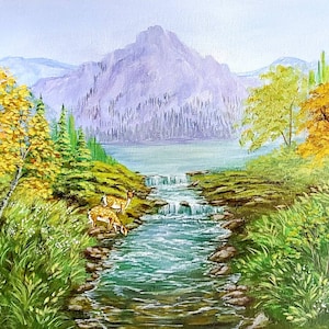 Autumn landscape painting  , fall acrylic scenery on canvas , birch trees , forest ,woods , original nature painting ,  art wall , river