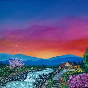 Acrylic landscape painting , Original painting on canvas , mountains , nature art wall , scenery , gift , art work , river , sunset