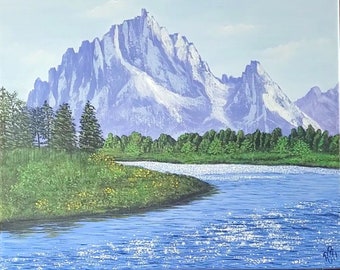 Acrylic landscape painting , Original painting on canvas , mountains , nature art wall , scenery , gift , art work , river painting ,