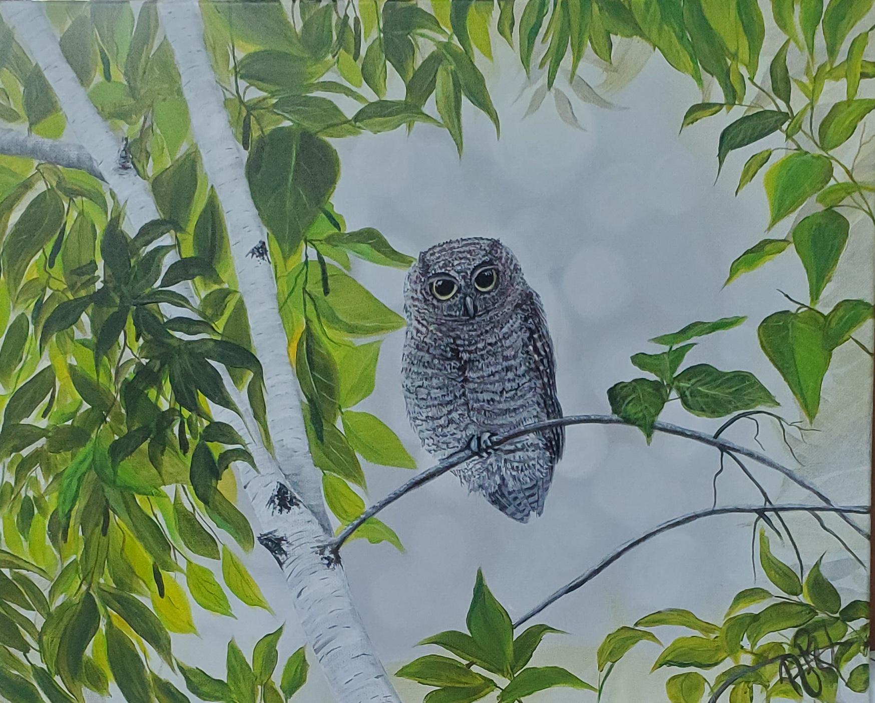 Acrylic painting on canvas , Owl original painting , art wall, tree painting , bird ,  artwork , gif