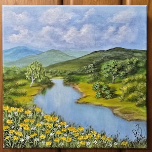 Landscape painting , Acrylic original painting , canvas art, scenery painting ,nature , mountains , art work , clouds , cabin , gift
