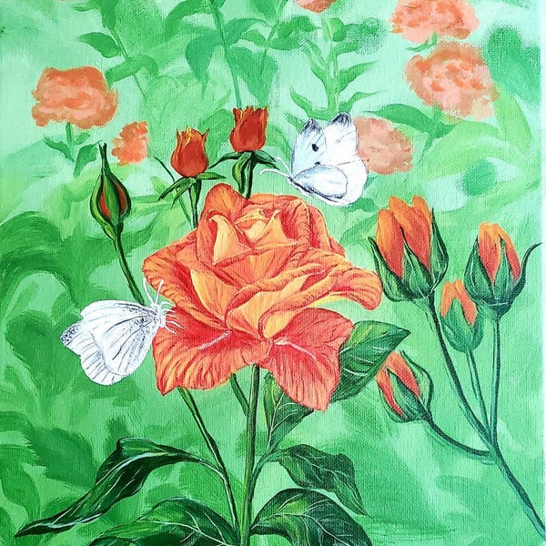 Acrylic painting , Rose original painting , canvas art wall , flower , floral painting , butterfly painting  , art work , gift for her