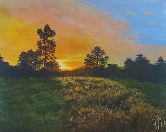 Acrylic landscape painting , Sunset original painting on canvas , nature art wall , scenery , gift , art work