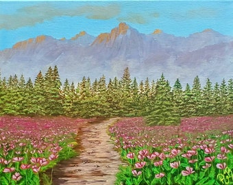 Acrylic painting on canvas , Landscape original painting , flower field art wall, Nature painting , mountains painting , scenery painting