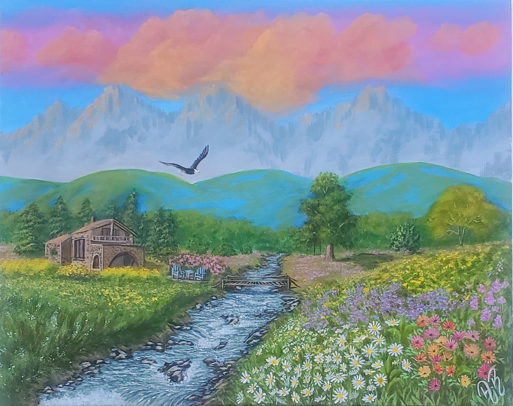 Original Acrylic Landscape Painting, Mountain River Scenery, 16x20