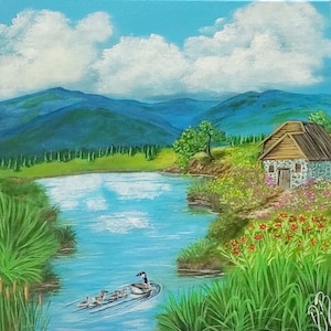 Landscape painting , Acrylic original painting , canvas art, scenery painting ,nature , mountains , art work , clouds , cabin , gift