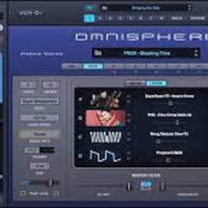 Pode incluir: Uma captura de tela da interface do software Omnisphere, com um esquema de cores azul escuro e cinza. A interface exibe vários controles, configurações e uma visualização de forma de onda. O texto "OMNISPHERE" é exibido de forma proeminente na parte superior, com outros rótulos de texto e botões.