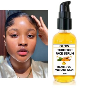 May include: A clear glass bottle with a black pump top filled with a yellow liquid. The label reads "Glow Turmeric Face Serum" and "Beautiful Vibrant Skin". The bottle contains 30 ml of serum.