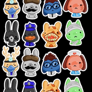 May include: A sticker sheet featuring sixteen cartoon character heads arranged in four rows. The characters include a deer with a headlamp, a rabbit with a mustache, a blue creature with glasses, a nurse dog, a black rabbit, a police duck, a monster, and a green mummy cat.