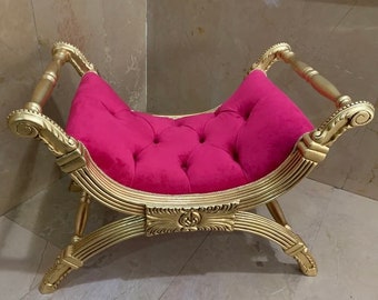 Hot Pink Velvet Rococo Gilded Tufted Ottoman - French Fairytale Vanity Bench