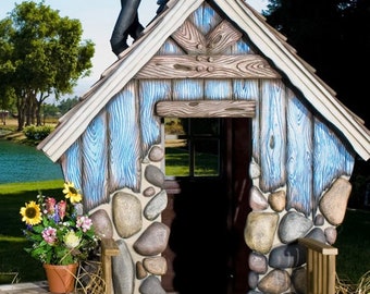 Storybook Cottage Playhouse/Swing Set - DARLING Fairytale Children’s Playhouse with Swings & Slide!