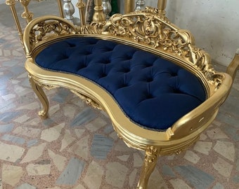 Blue Velvet Rococo Gilded Tufted Ottoman - French Fairytale Vanity Bench