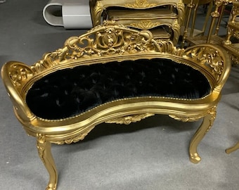 Black Velvet Rococo Gilded Tufted Ottoman - French Fairytale Vanity Bench