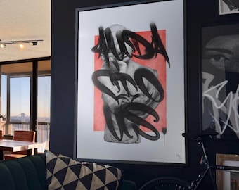 May include: A black and white illustration of a bust with the word "MUDA" written in black spray paint over a red background.